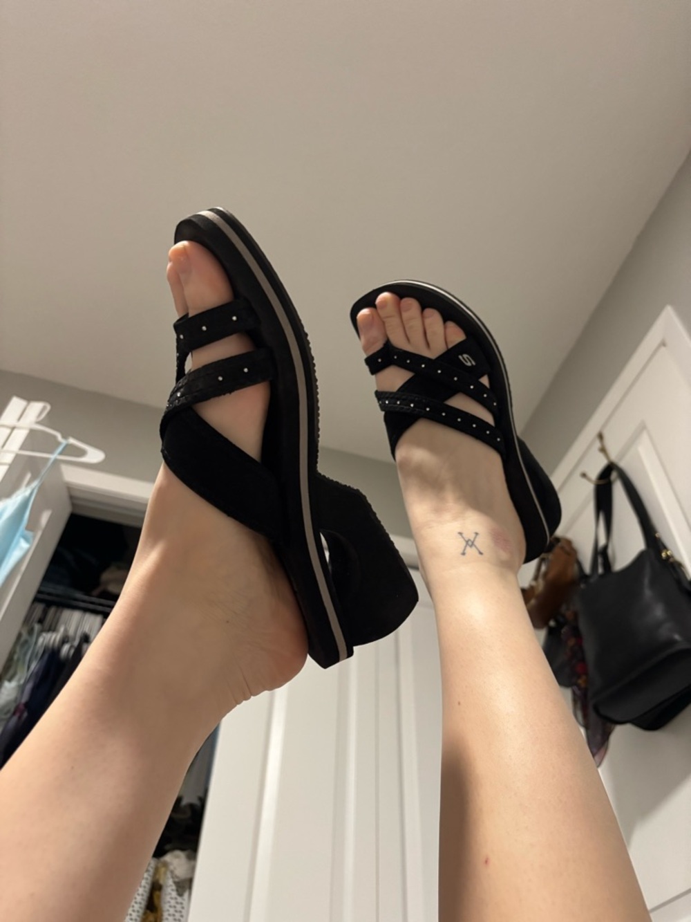 Skechers Black Women's Wedge Sandals with Studded Straps